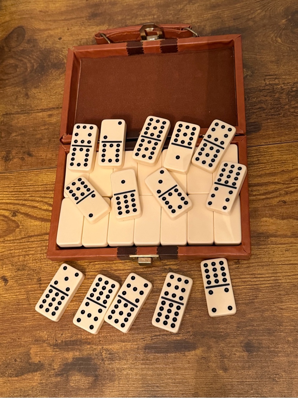Vintage Double Six Domino Set 28 Pc Brass Spinner Mini Briefcase Travel Case
